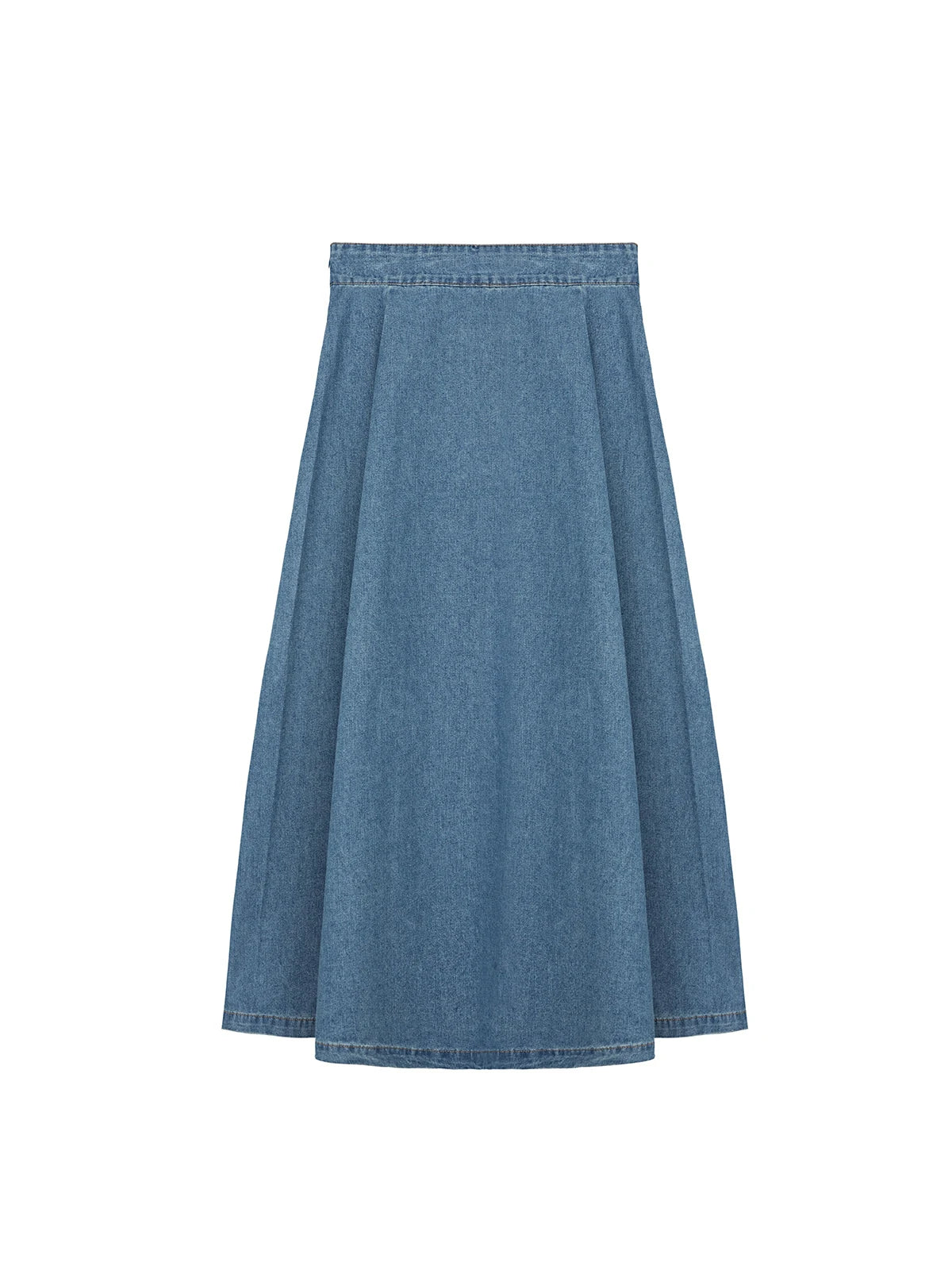 Versatile and comfortable blue denim A-line skirt with a high waist, and classic design, making it a stylish and practical choice for everyday wear.