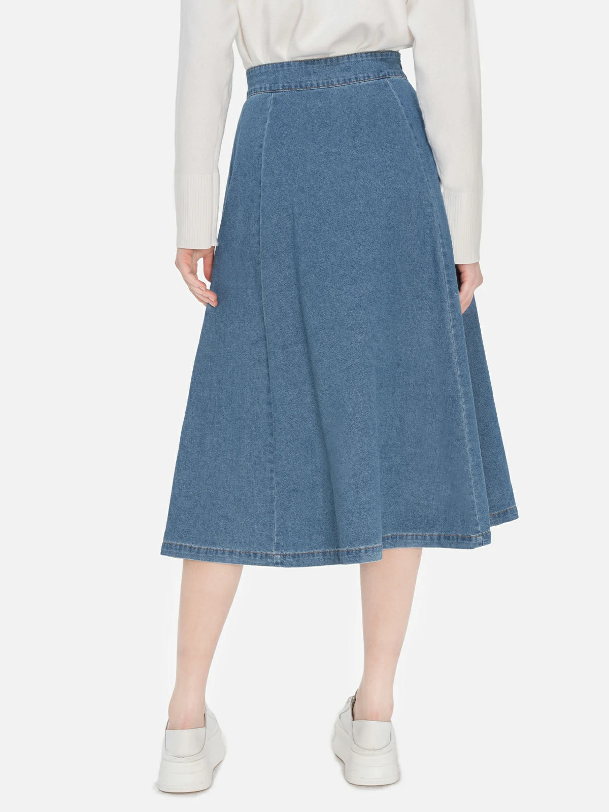 Stylish and durable blue denim A-line skirt with a classic design, and high waist, offering a timeless and comfortable choice for everyday fashion.