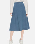 Stylish and durable blue denim A-line skirt with a classic design, and high waist, offering a timeless and comfortable choice for everyday fashion.