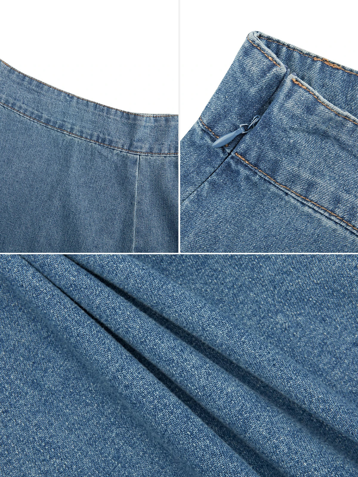 Everyday choice: A high-waisted blue denim A-line skirt, crafted with a classic design, and versatile fashion, ensuring both style and comfort.