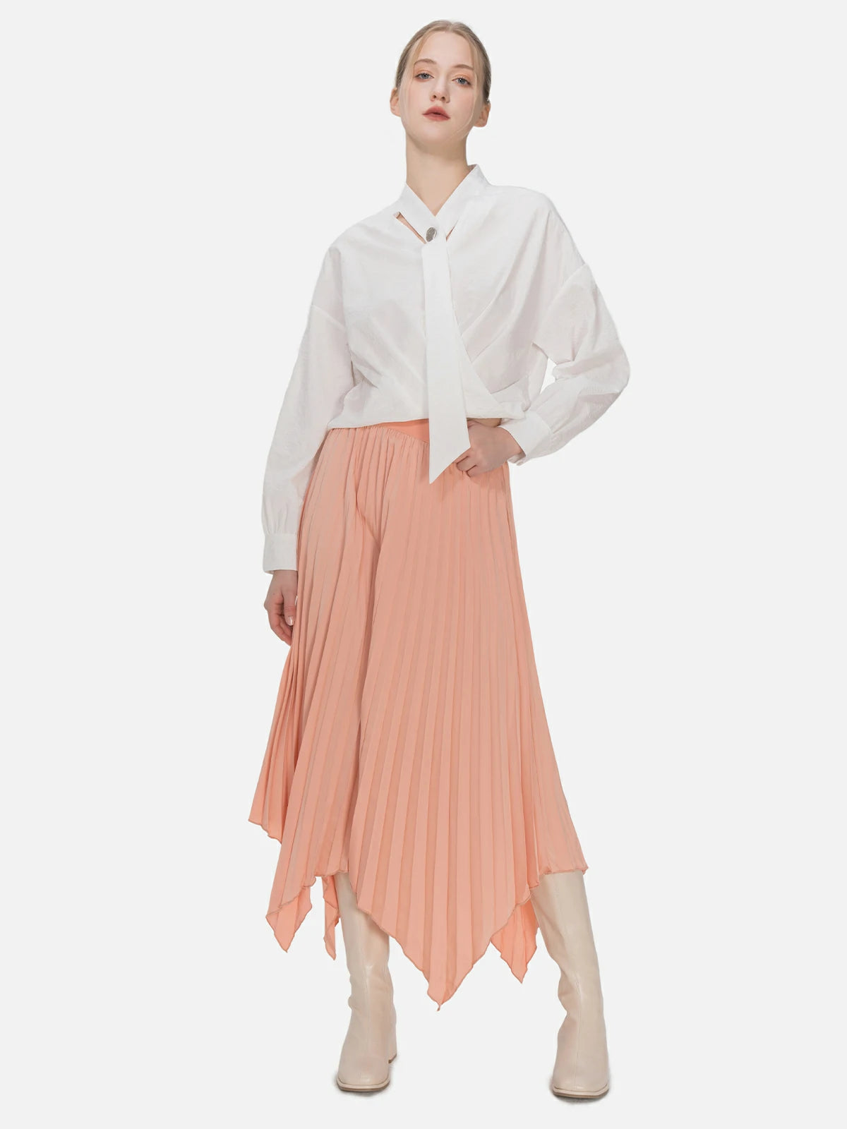 Cream Asymmetrical High Waist Pleated Skirt