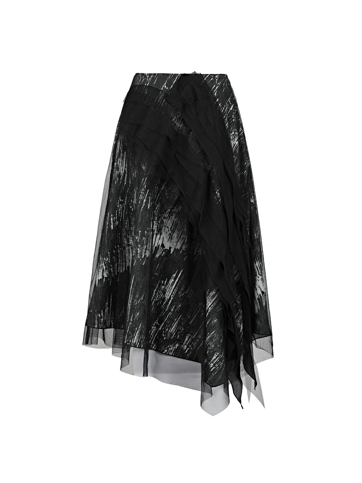 Irregular hem black and white ink painting  A-line midi skirt, featuring an artistic pattern for a modern and comfortable outfit perfect for various occasions.
