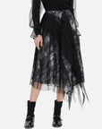 Unique black and white ink painting A-line midi skirt with a two-layer construction, featuring a lightweight tulle outer layer, an artistic pattern, and an irregular hem.