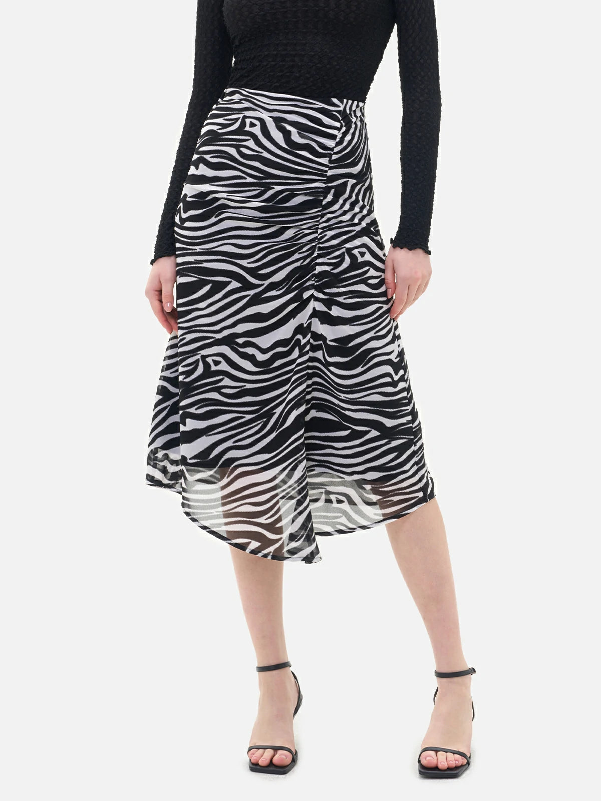 Zebra-print high-waist tulle midi skirt, flowy summer casual piece