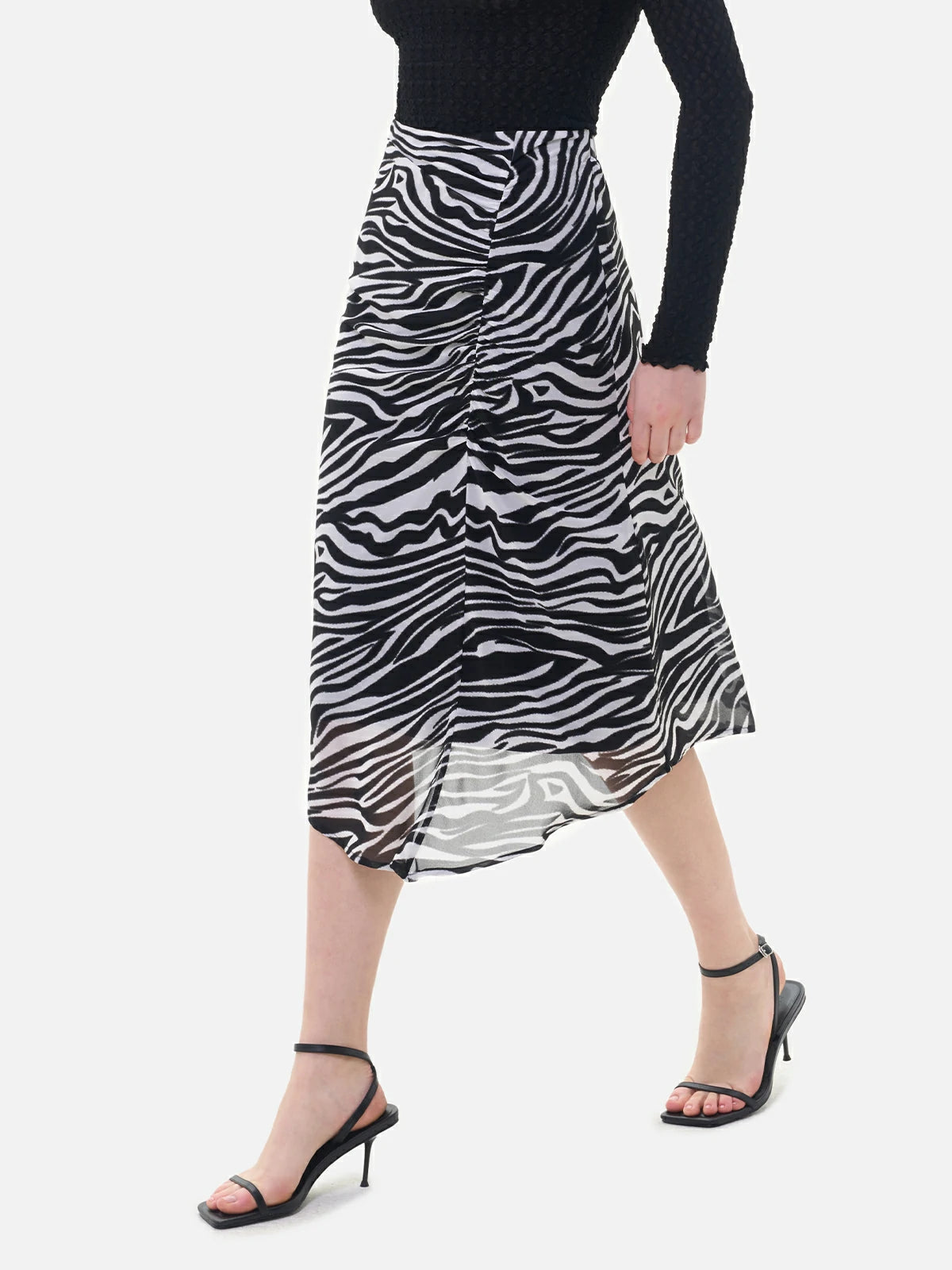 Zebra-print high-waist tulle midi skirt, flowy summer casual piece