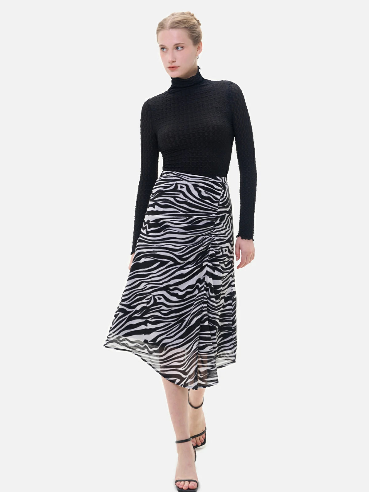 Zebra-print high-waist tulle midi skirt, flowy summer casual piece