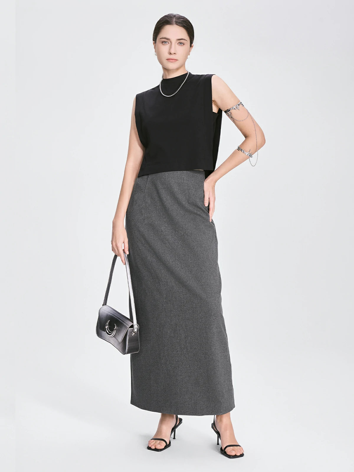Grey high waist midi skirt