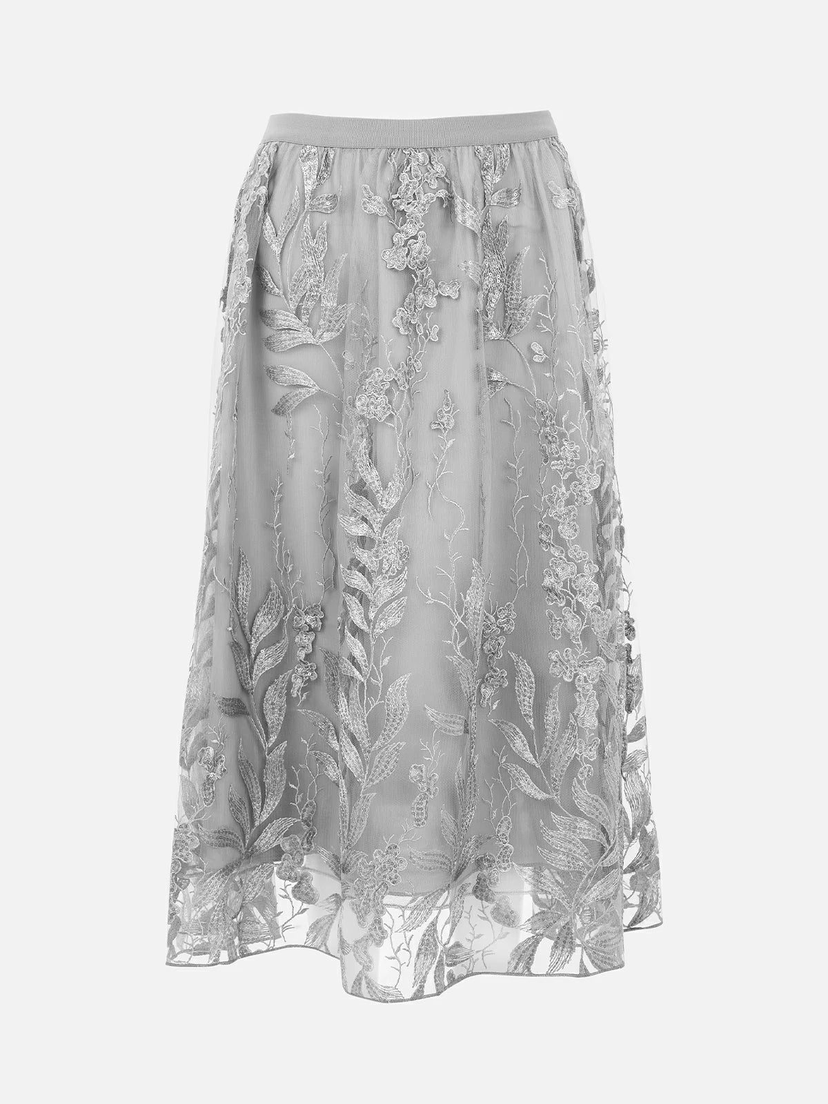Grey embroidered tulle midi skirt with plant motif
