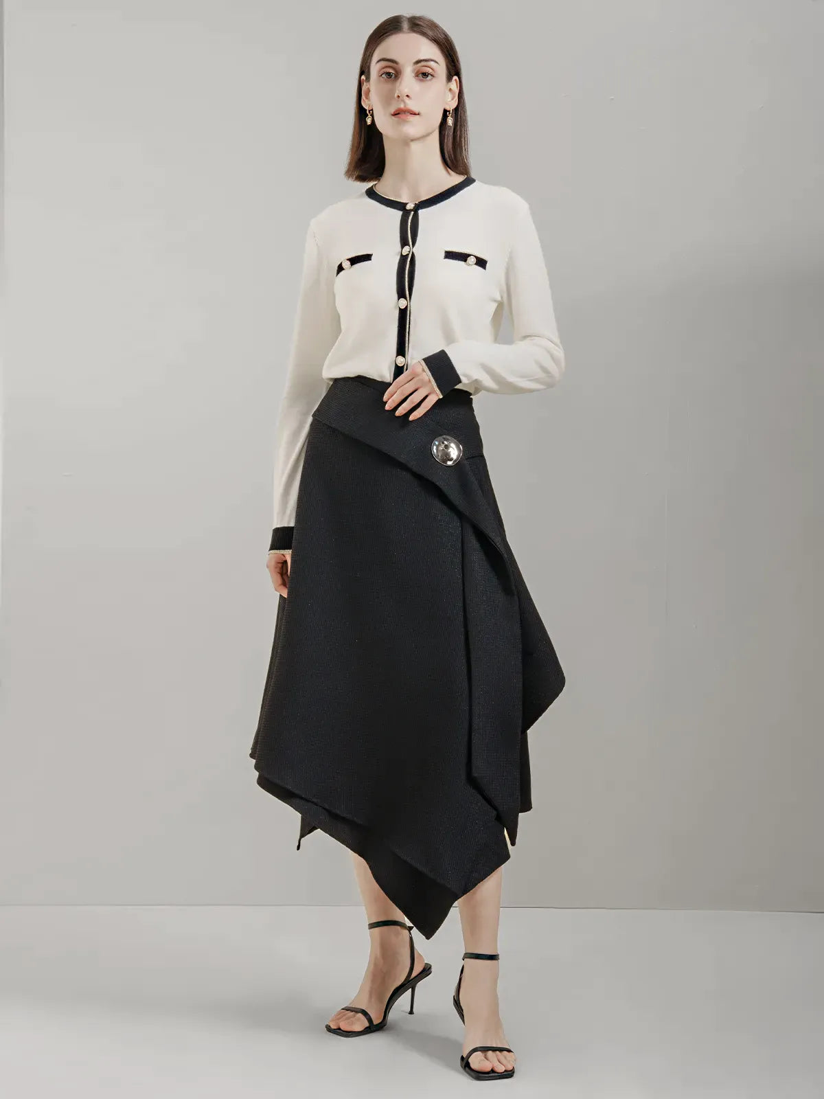 Black linen belted midi skirt with geometric cut and side metal buttons, chic and stylish work wear