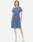 Classic solid color midi dress with tie-waist detail for a timeless look