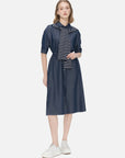 Stylish midi dress with turnover collar, accordion pleats, and black and white striped shawl for a sophisticated look.