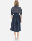 Versatile turnover collar midi dress with accordion pleats, suitable for both formal occasions and casual outings.