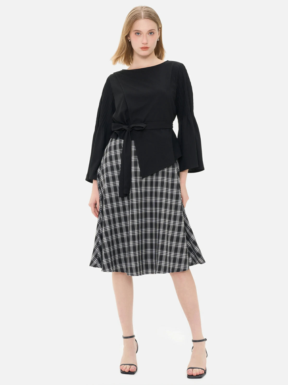 Round neck bell sleeves patchwork plaid dress