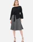 Round neck bell sleeves patchwork plaid dress