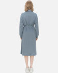Classic and elegant midi dress in a blue-gray shade with a collar design and front zipper, suitable for various occasions.