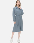 Versatile and fashionable midi dress with a blue-gray color palette, showcasing both classic and modern design elements.