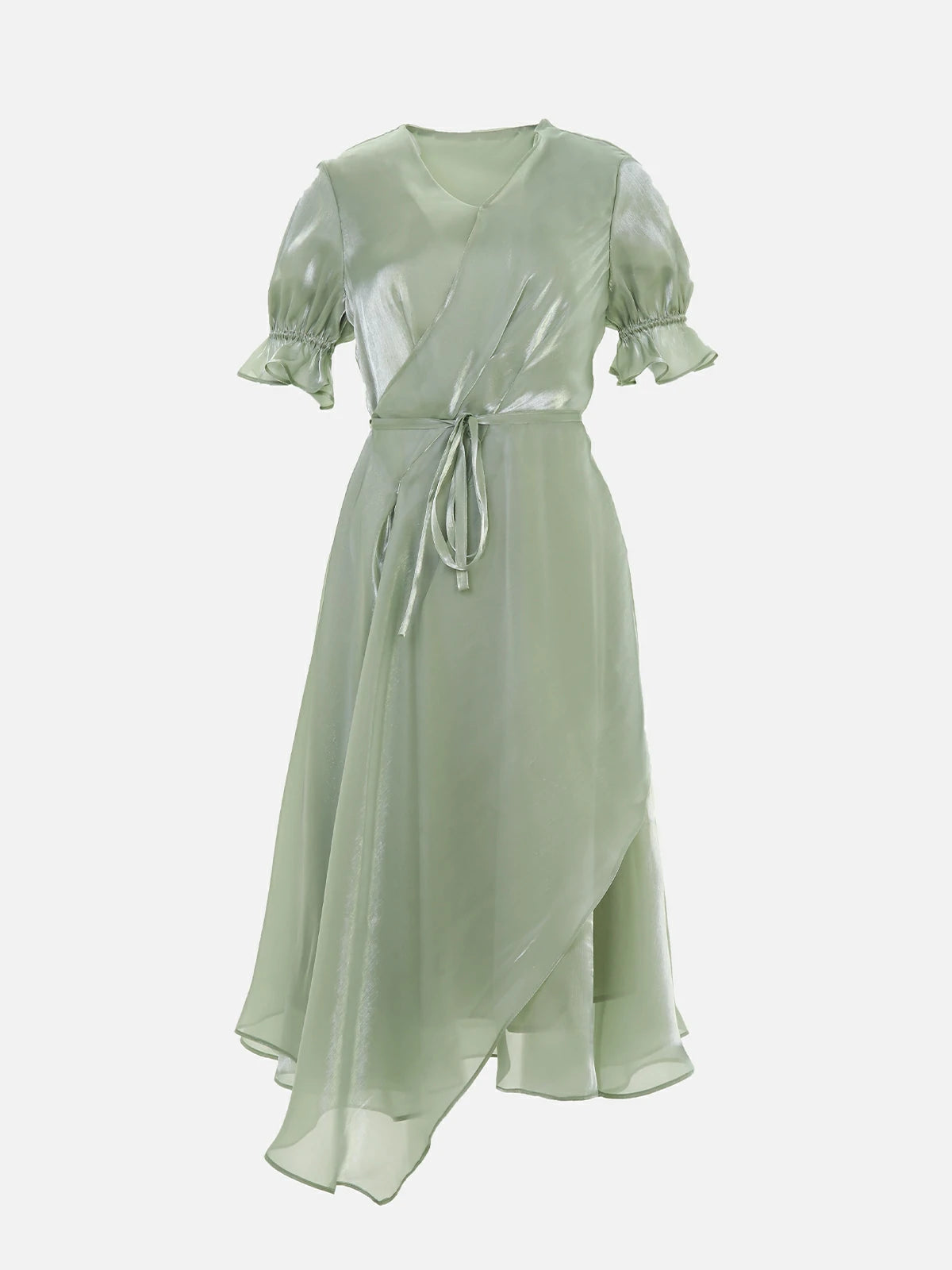 Glänzendes Kleid mit V-Ausschnitt und Blasenärmeln