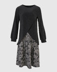 Elevate your wardrobe with this on-trend two-piece outfit, featuring a round-neck pullover sweater with an irregular hem and a sleeveless dress adorned with a pleated floral design..