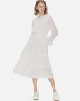 Fresh and elegant white mid-length dress adorned with neckline and waist tie details, creating a tailored fit.
