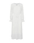 Tailored fit mid-length dress with white design, neckline and waist tie details, and ruffle edges, ensuring both elegance and comfort for various occasions.