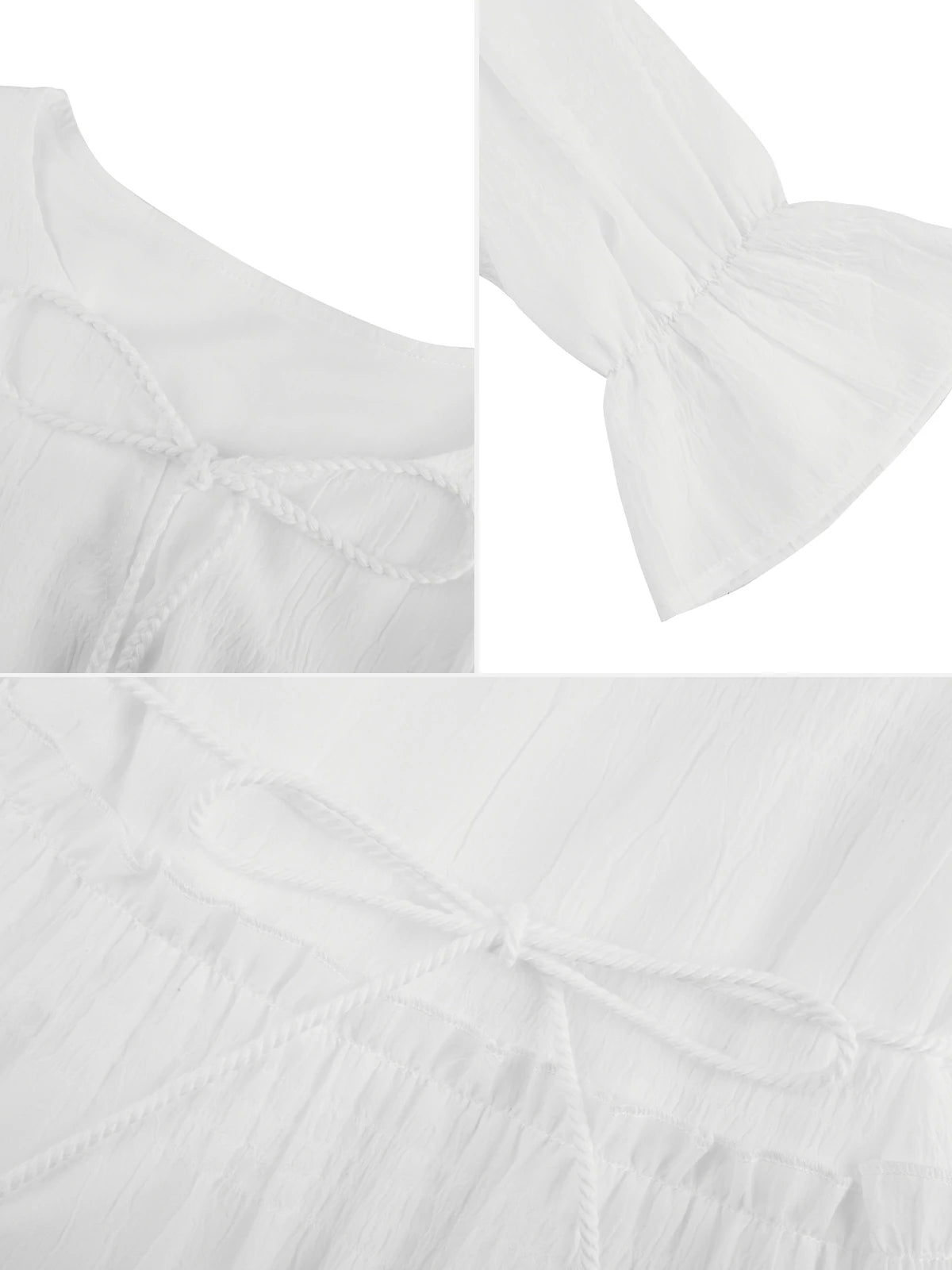 Fashionable mid-length dress in a fresh white hue, showcasing neckline and waist tie details, and ruffle edges, offering a versatile and stylish outfit choice.
