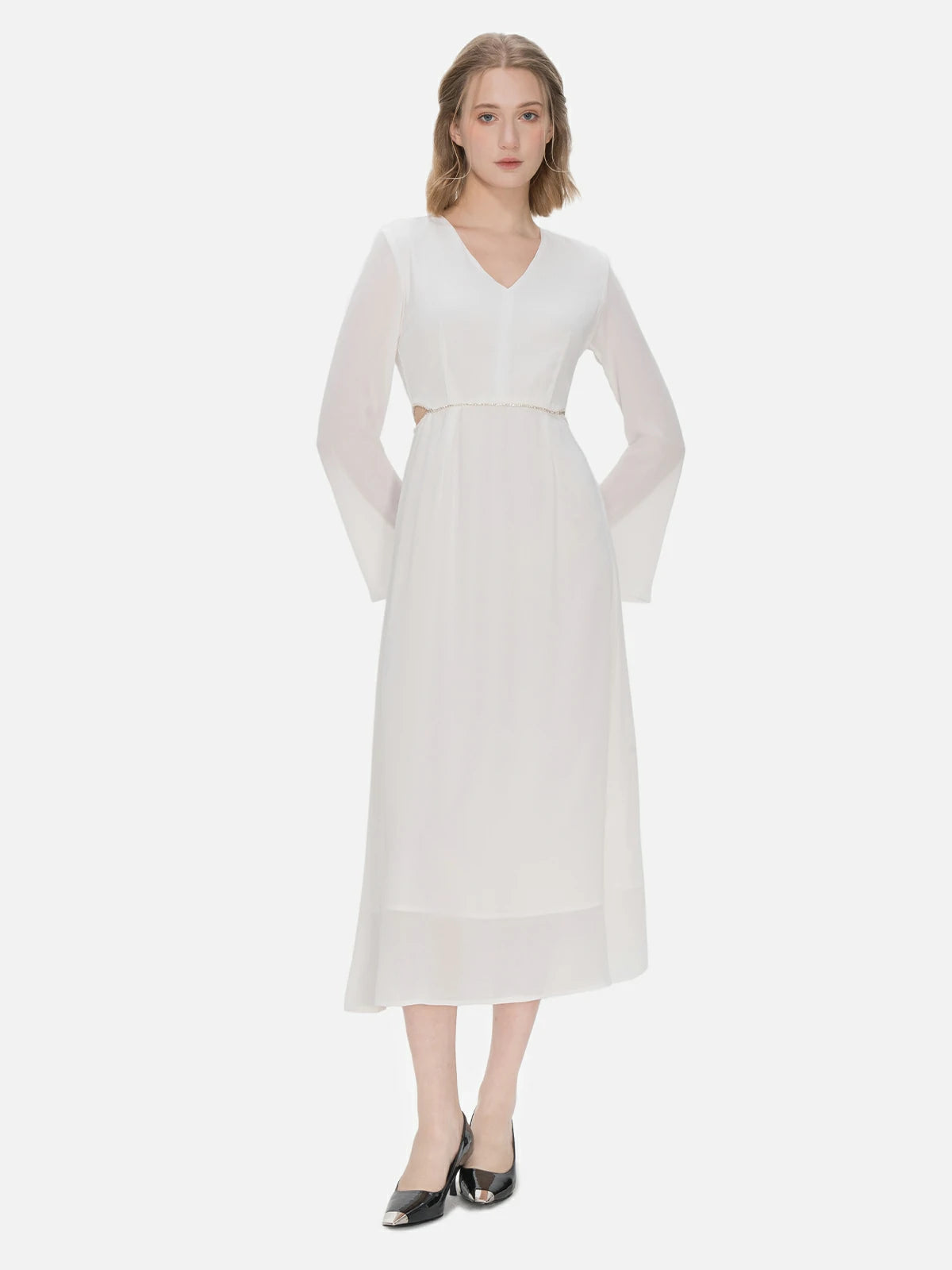 Make a statement with this elegant white chiffon dress, showcasing a V-neck, rhinestone details at the waist, and clever hollow-out accents, a perfect choice for those seeking a romantic and stylish look.
