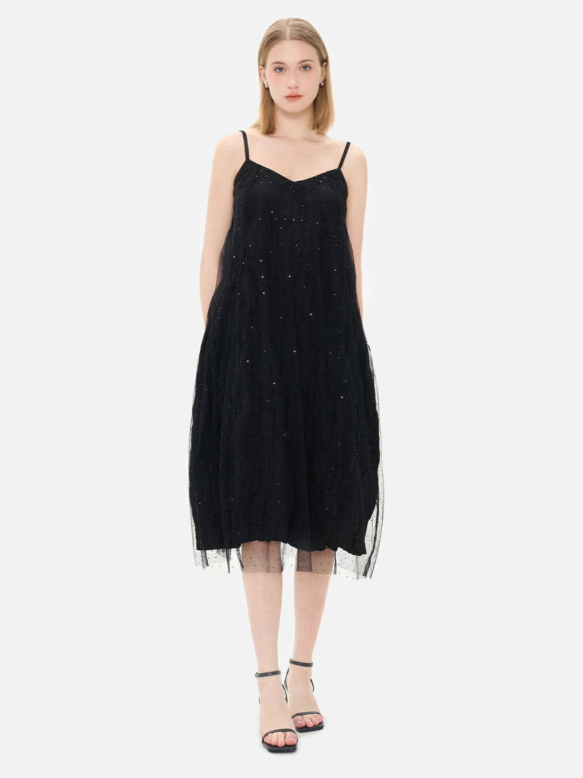 Elegant black V-neck dress with pleated inner lining and sequined mesh overlay