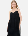 Chic sleeveless black dress featuring a V-neck, pleated design, and sequin embellishments