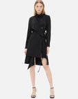 Elevate your style with this black shirt dress featuring a waist-tie accent, irregular hem, and front paneling.