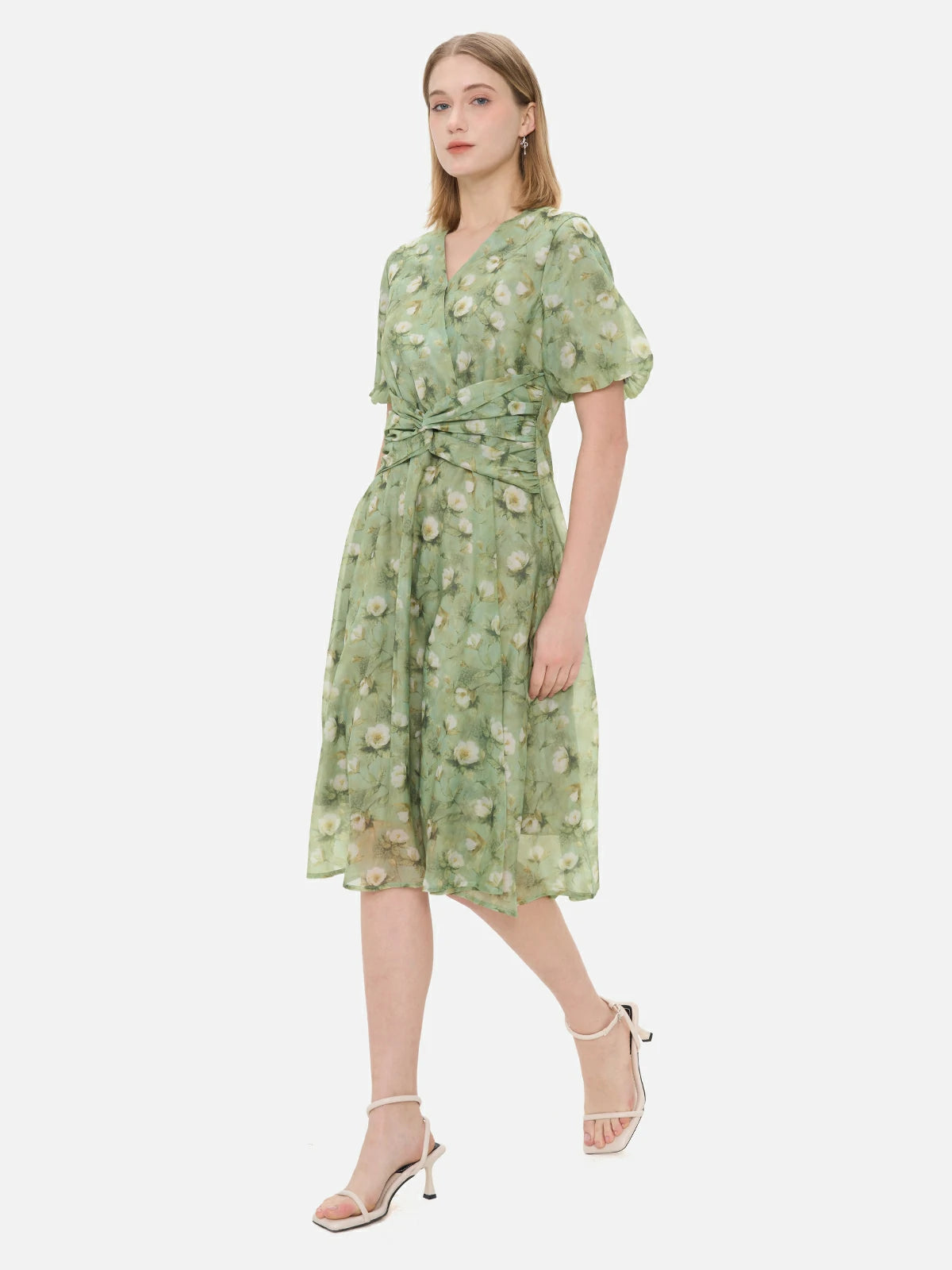 Refreshing Floral Bubble Sleeve Dress