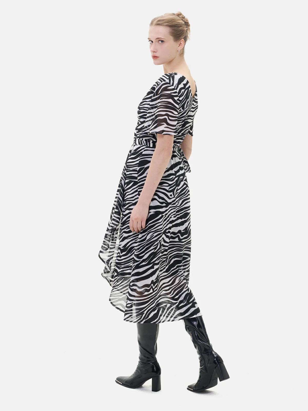 Zebra Stripe Ruched Chiffon Midi Dress