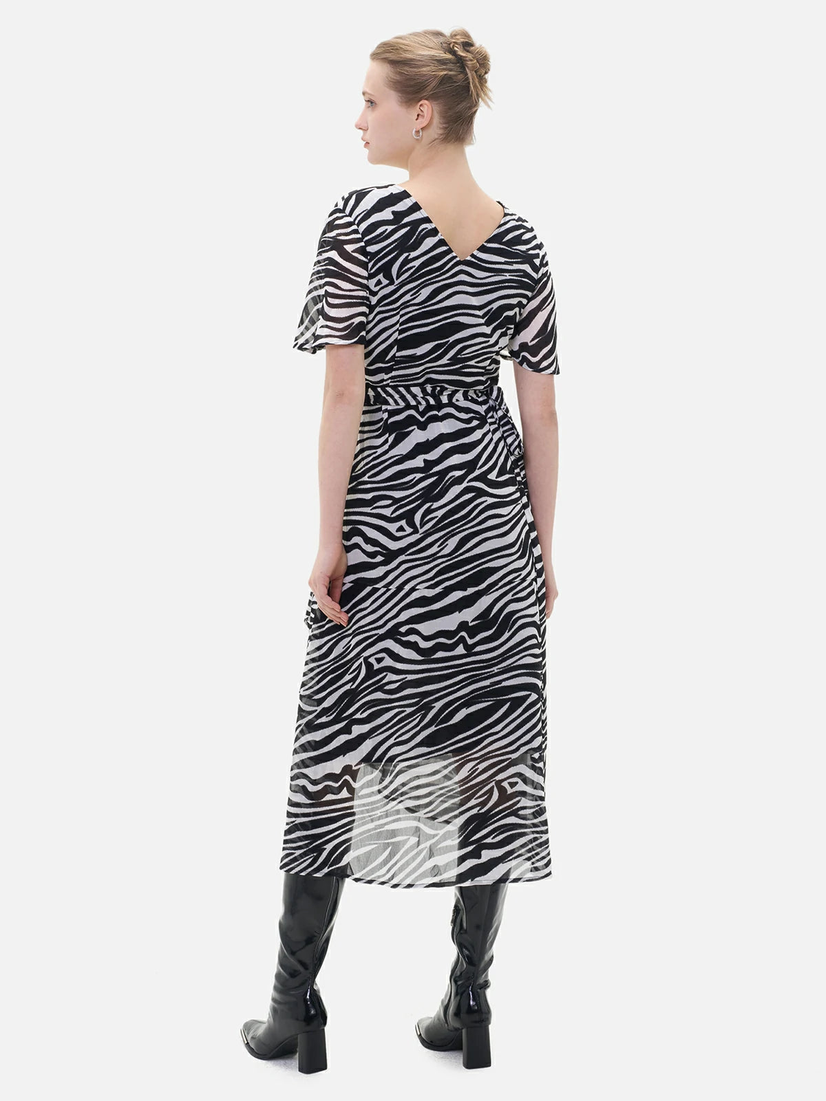 Zebra Stripe Ruched Chiffon Midi Dress