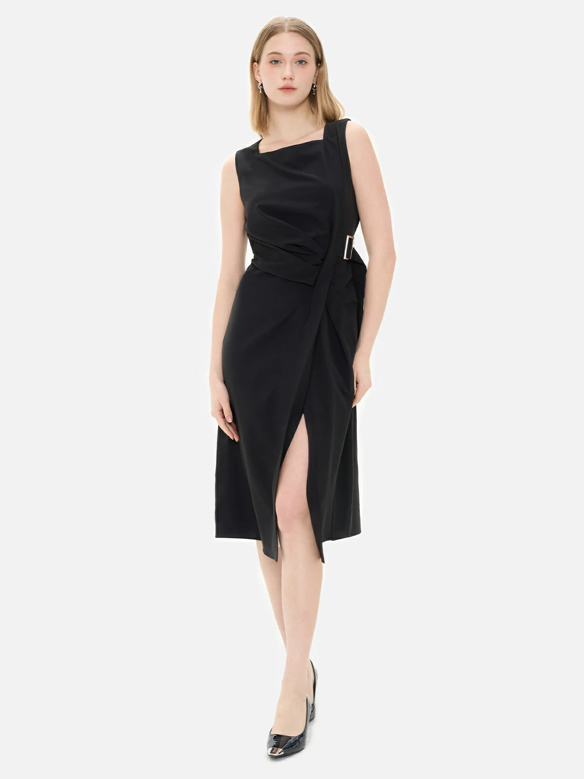 black dress with a square neckline, asymmetric design, and waist belt, perfect for evening events