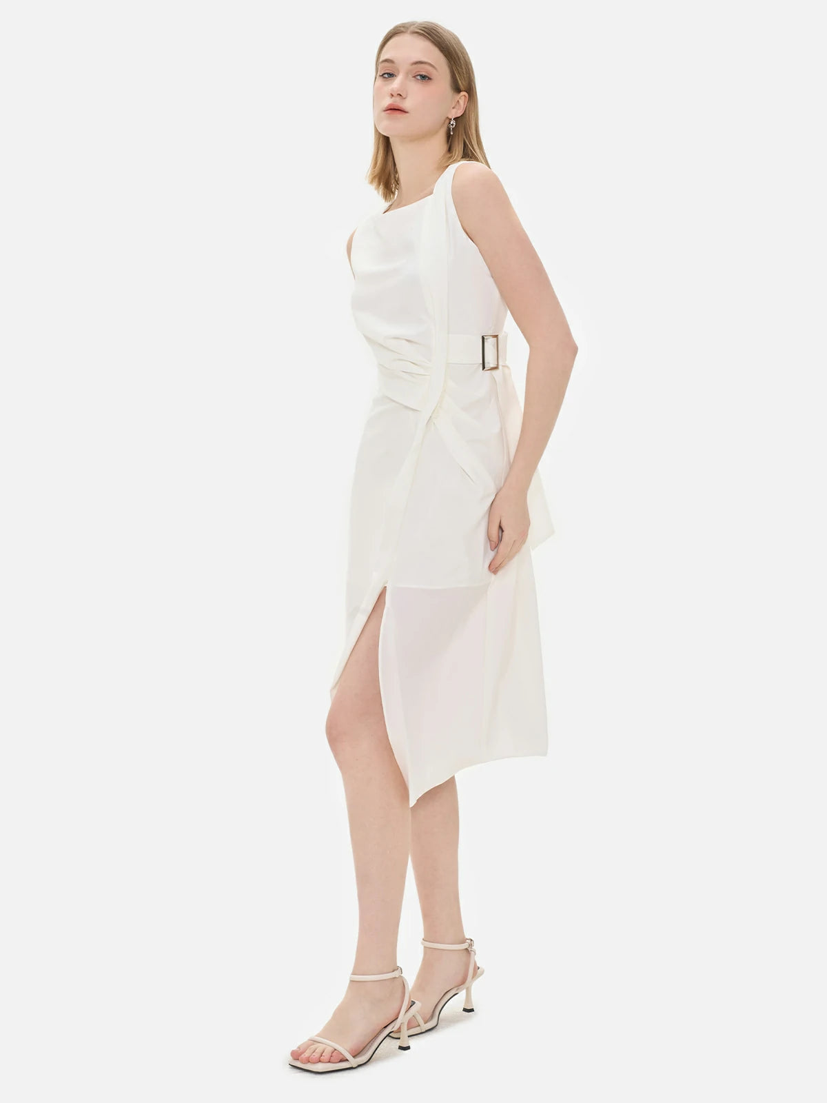 S·DEER white dress with a flattering fit, belt detail, and high slit for a chic, sophisticated look