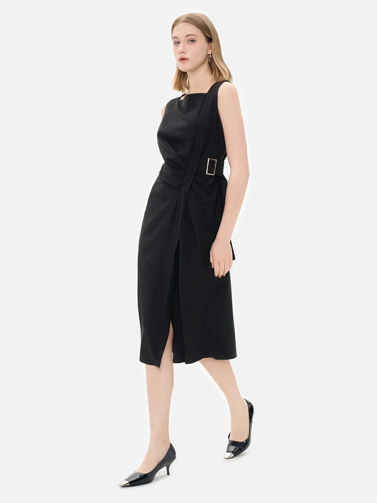 S·DEER black dress with a flattering fit, belt detail, and high slit for a chic, sophisticated look