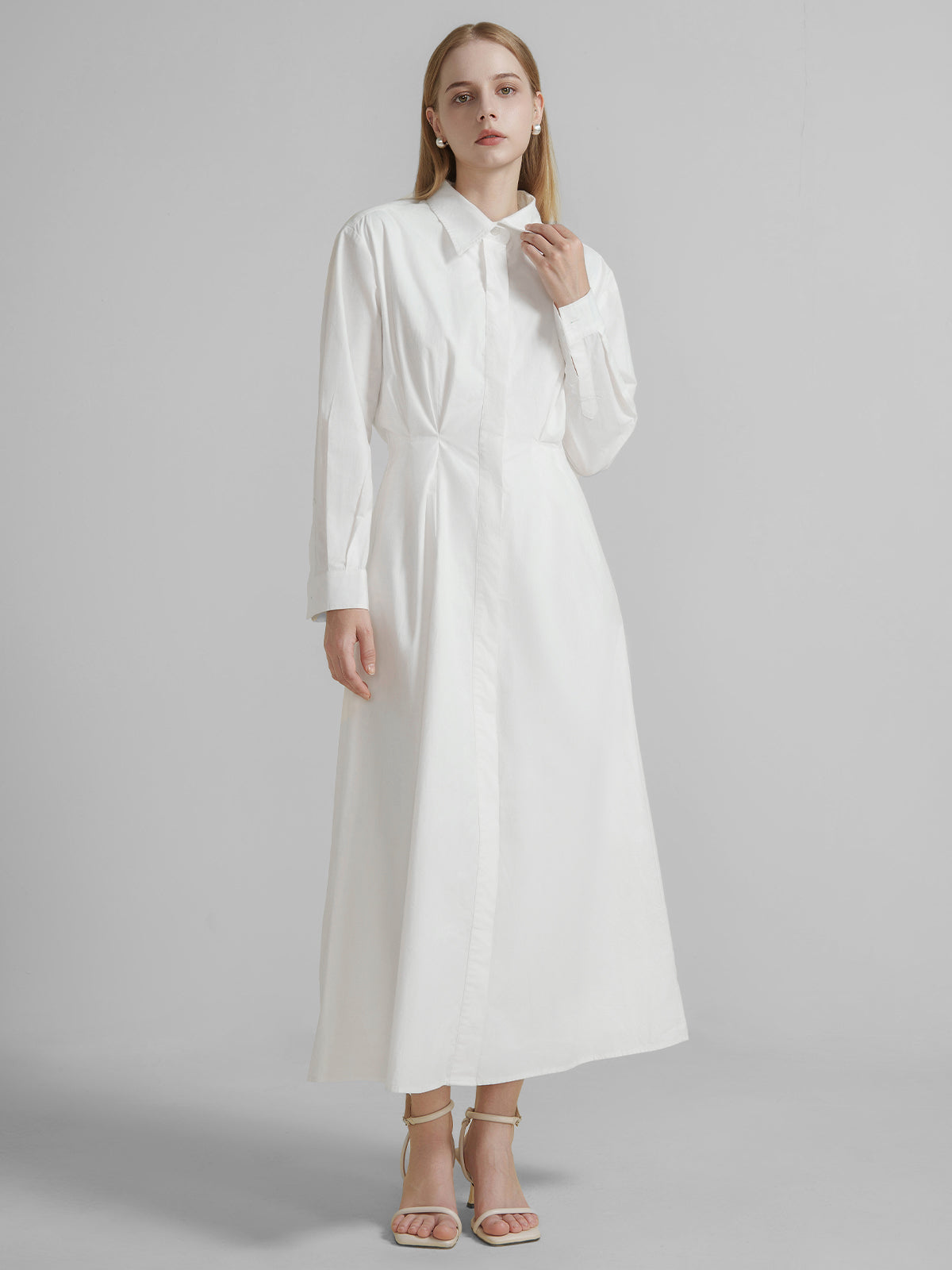 S·DEER white long shirt dress, featuring a collared design and pleated waist, perfect for semi-formal office wear or brunch outings