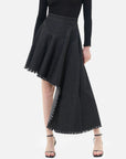 Left-short-right-long frayed edge denim skirt