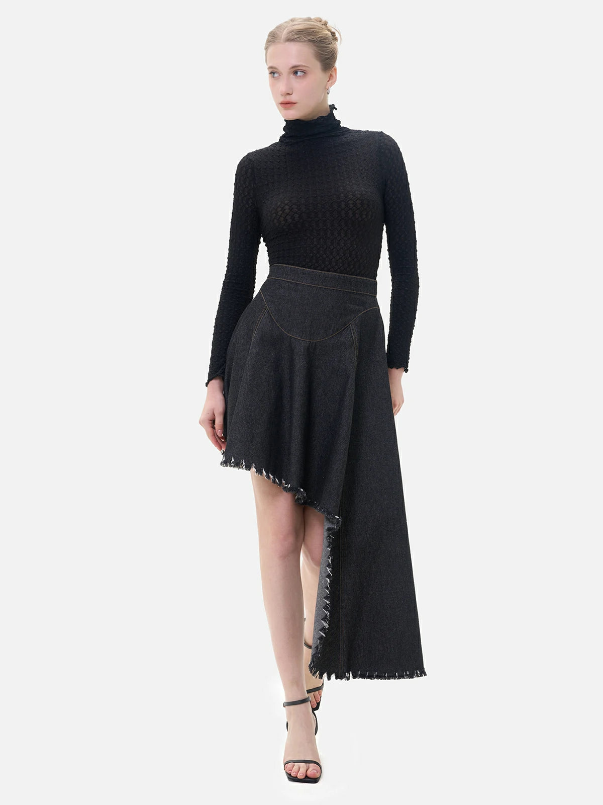 Denim skirt with unique frayed edge design