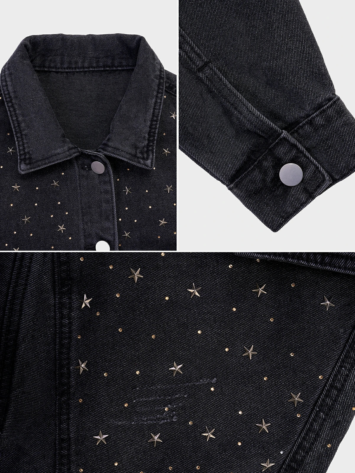 Make a bold fashion choice with this contemporary short denim jacket, designed with captivating star-shaped bead embellishments.
