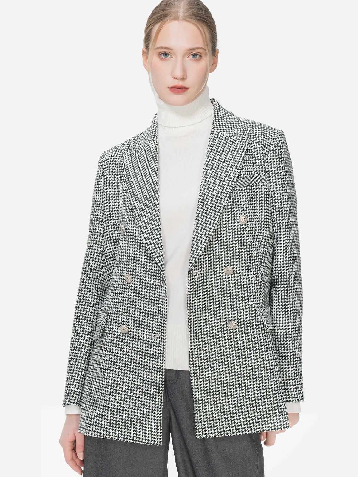 Elevate your style with this green-toned houndstooth blazer, featuring a classic and contemporary design with refined details, providing a vibrant and lively addition to your wardrobe.