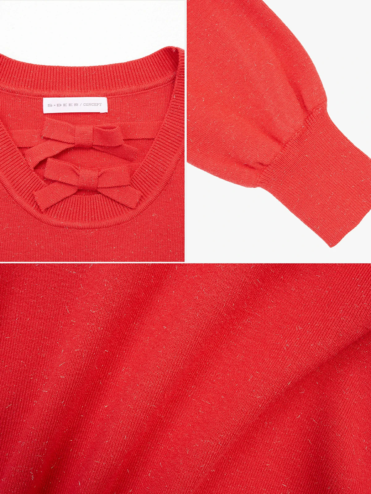 Comfortable fit and stylish details define this red scoop-neck pullover sweater with a lovely bow and threads.&quot;