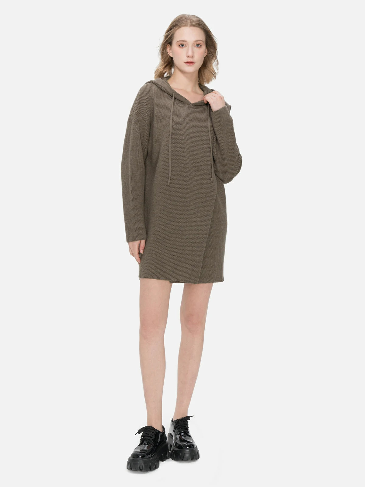 S·DEER cozy and warm hooded knit midi dress in brown