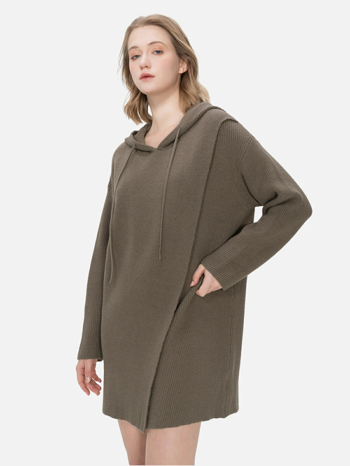 S·DEER cozy and warm hooded knit sweater dress in brown