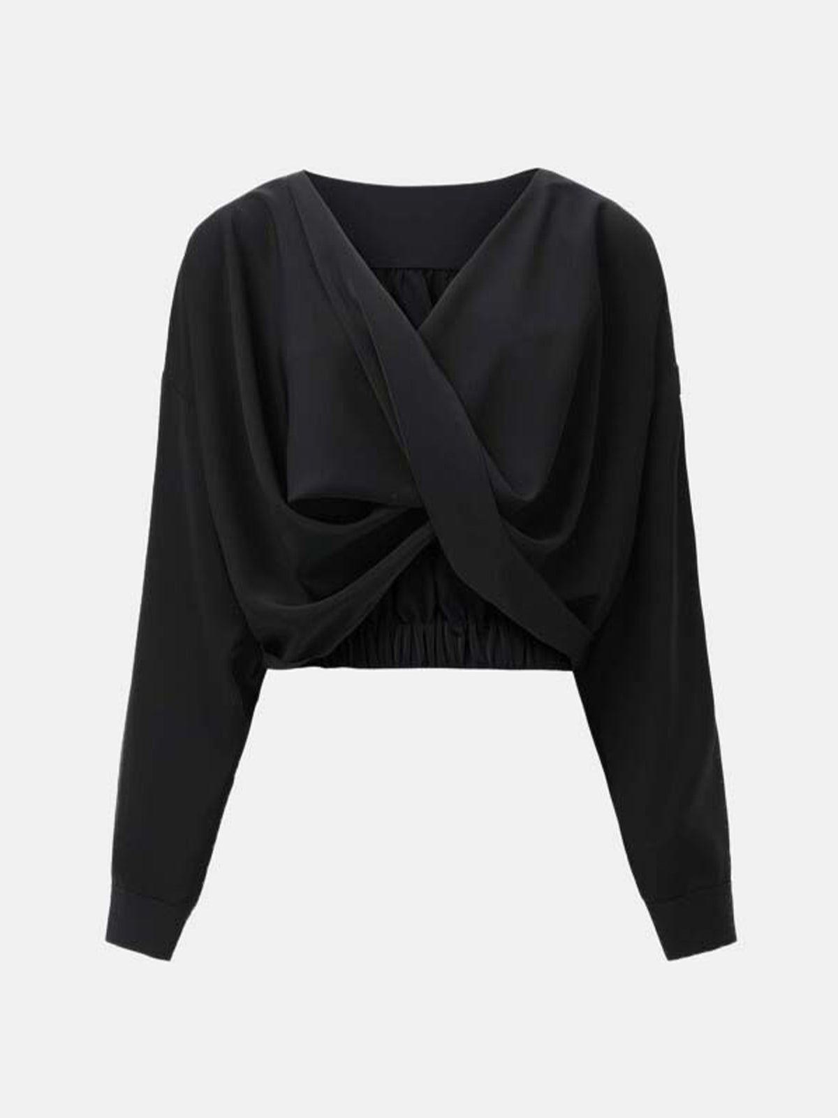 Women&#39;s black draped crossover blouse with long sleeves and a deep V-neck