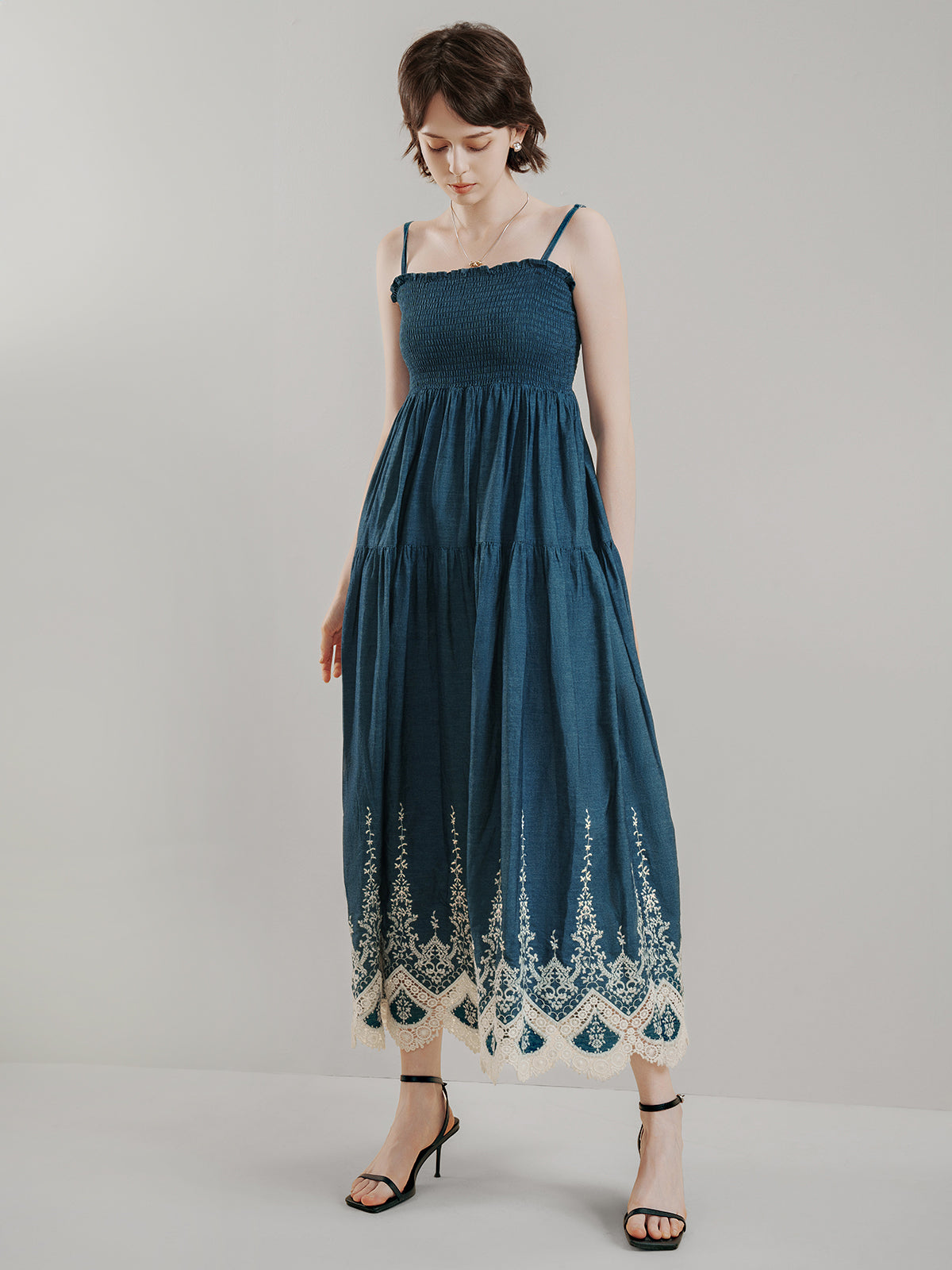 S·DEER Teal Blue Smocked Strappy Maxi Dress with Lace Hem: A Chic and Elegant Design