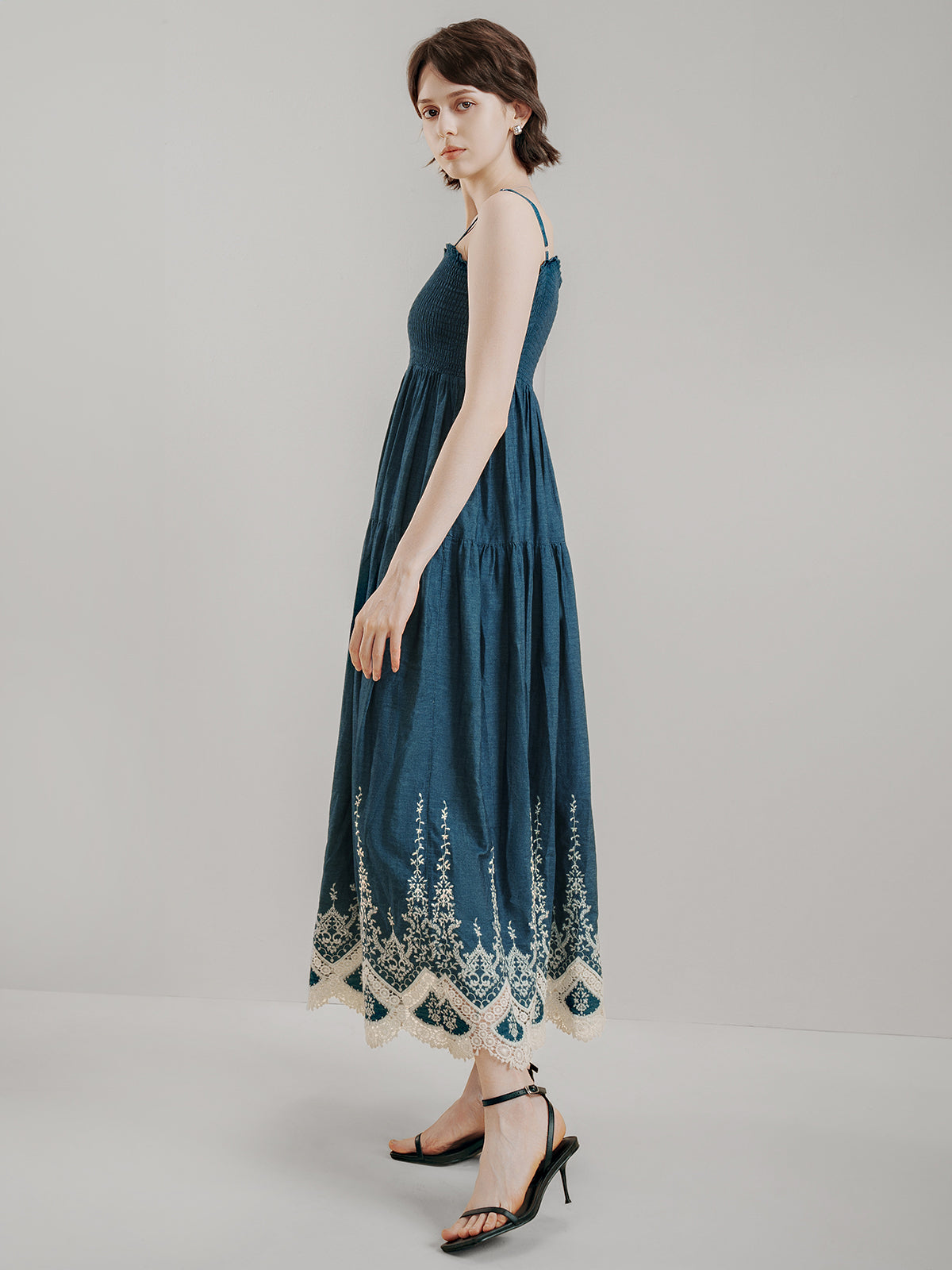 S·DEER Teal Blue Smocked Strappy Maxi Dress with Lace Hem: perfect for daily work