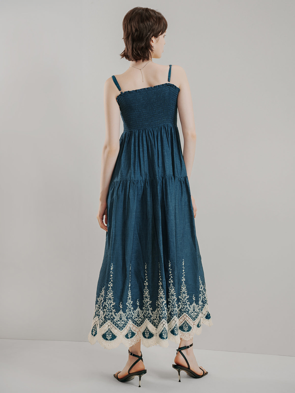 S·DEER Teal Blue Smocked Strappy A-line Dress with Lace Hem: A Chic and Elegant Design