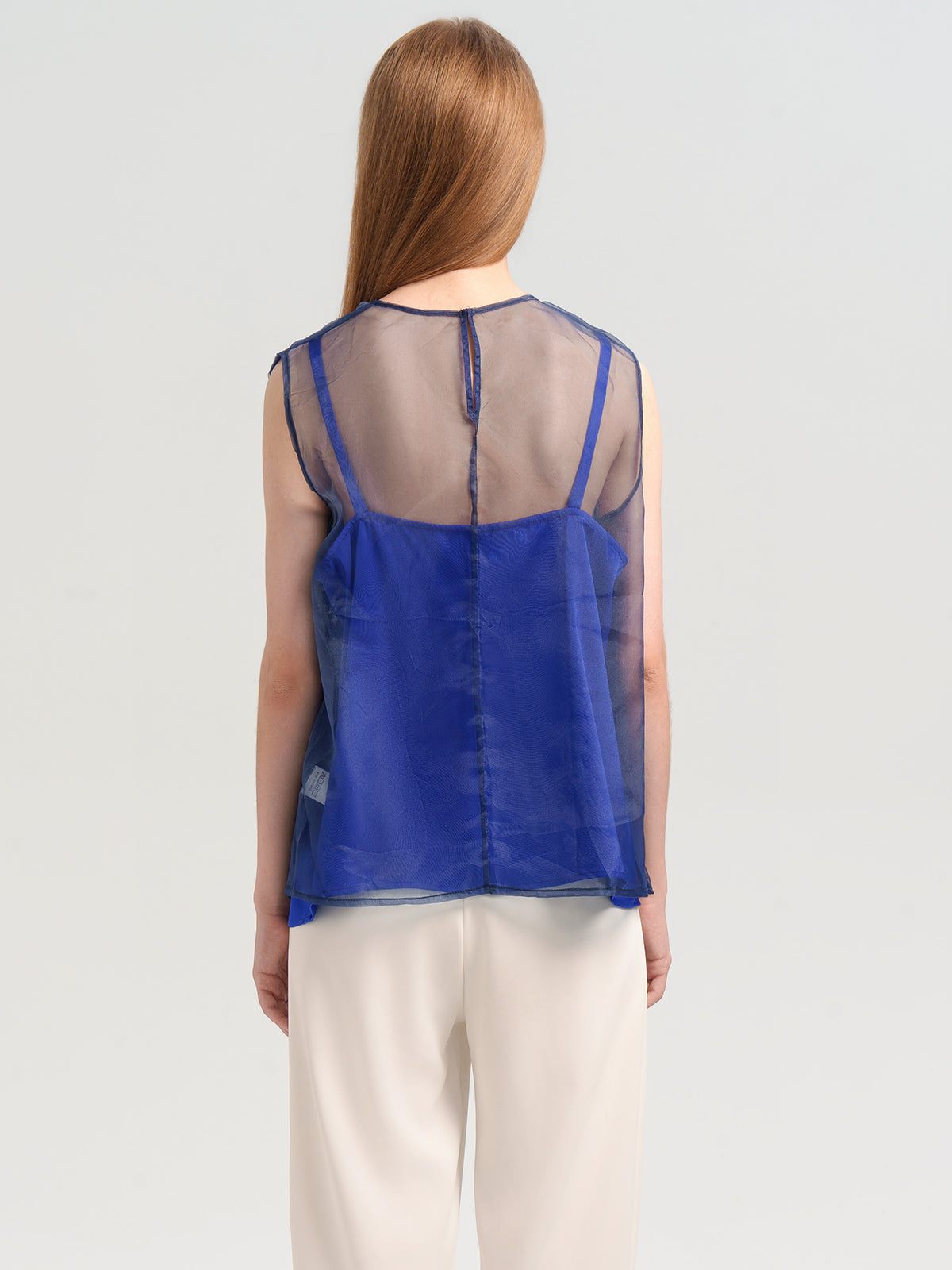 Elegant blue and sheer mesh sleeveless top, perfect for contemporary fashion styling