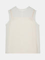 Women's beige sleeveless top with sheer mesh overlay and layered camisole design
