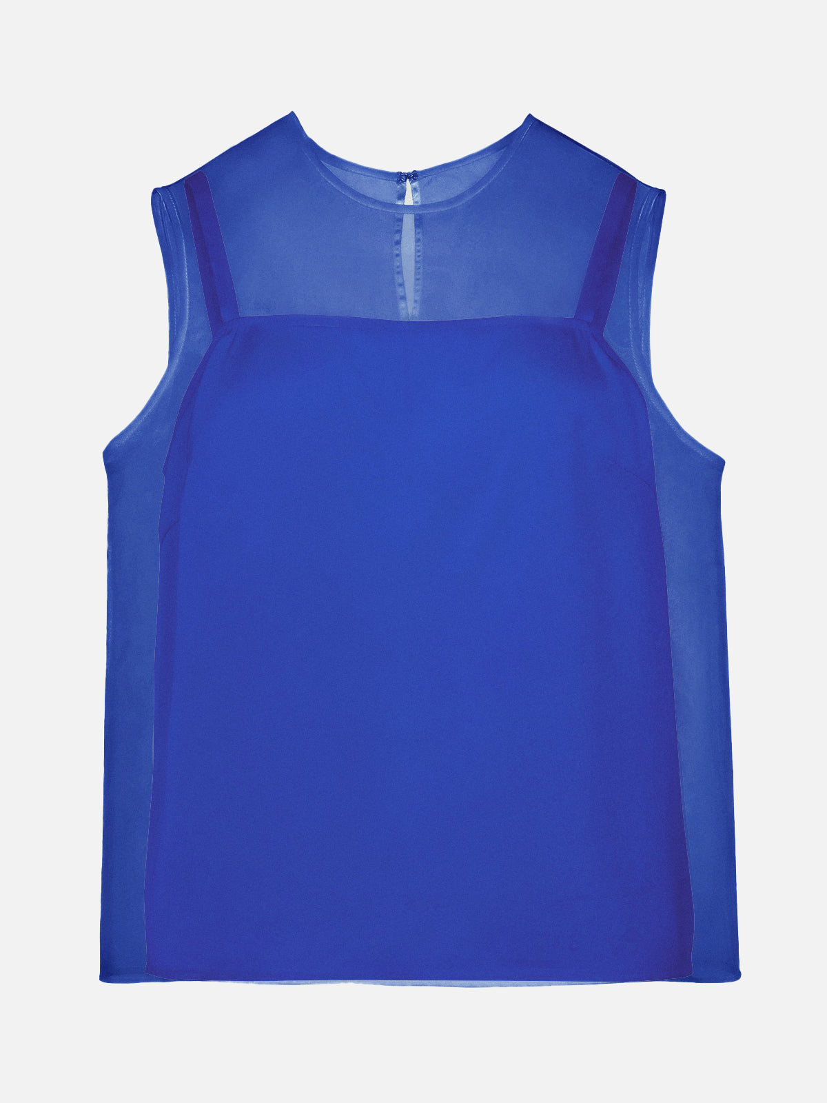 Stylish women&#39;s top with a sheer round-neck overlay and a solid blue camisole base